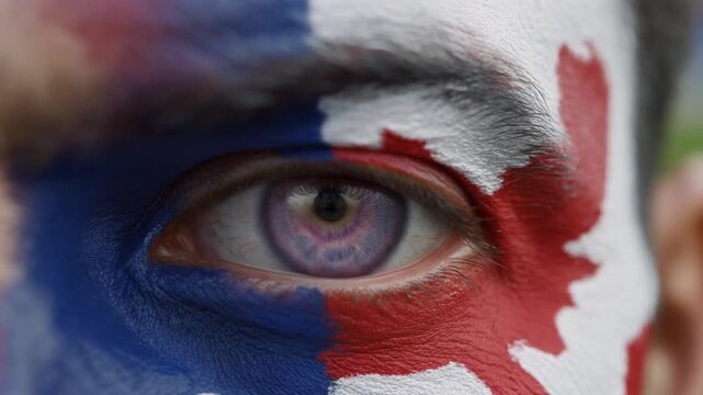 Extreme macro photorealistic footage of a fictional adult male football supporter's eye, deep violet purple iris with England flag face paint