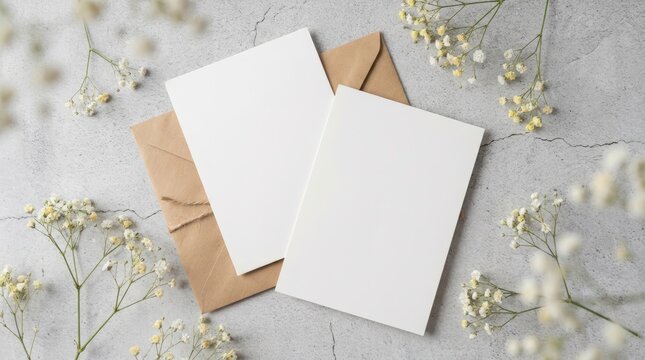 Blank Greeting Cards and Envelope with Delicate Flowers on Textured Background.