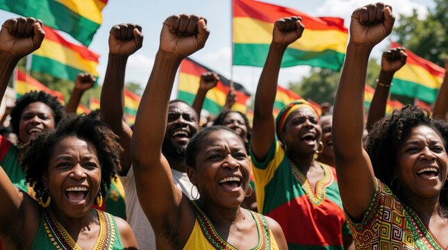 African American people celebrate Juneteenth with raised fists. Joyful black crowd cheers during freedom parade. Group waves Ghana flags in sunlight. Emancipation day protest shows unity, strength,