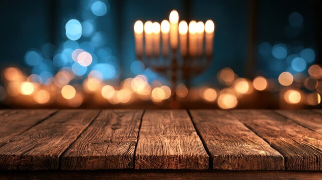 Empty wooden table surface shows blurred Hanukkah menorah glowing in the background with blue and gold bokeh lights creating a festive look.