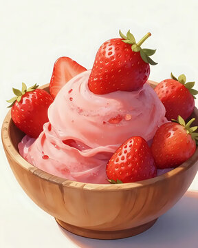 Image d'un bol rempli de sorbet &agrave; la fraise surmont&eacute; de fraises fra&icirc;ches 