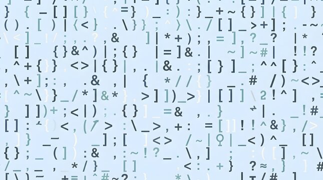 Abstract programming code symbols and syntax punctuation pattern on light blue background