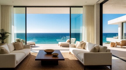 Obraz premium Modern luxury living room with large sliding glass doors opening to ocean view. White sofas, wooden coffee table sit on jute rug. Comfortable lounge chairs on balcony face blue sea under sunny sky.
