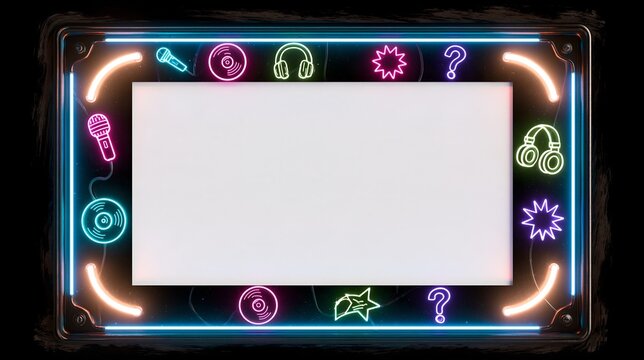 Neon sign frame with glowing microphones, vinyl records, headphones and question marks on rustic wood board for music event, quiz night and karaoke poster