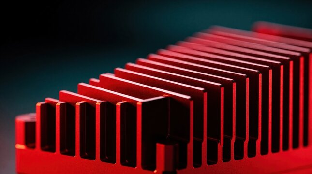 Close up view of red aluminum heat sink fins forming a pattern. This industrial hardware shows advanced cooling component design and metal texture.