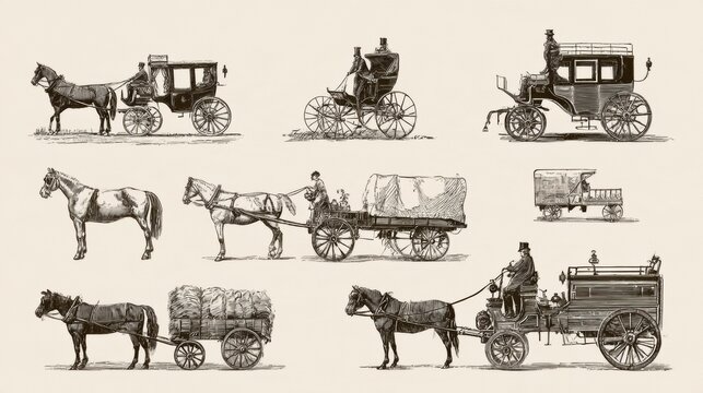 Engravings depict various horse drawn vehicles including carriages, wagons, and a fire engine in a Victorian setting.