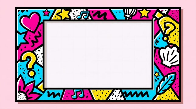 Pop art comic frame border with hearts, stars, question marks and music notes on colorful pink background for poster, party decor and social media template