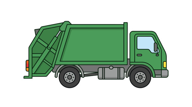 Side view vector illustration of a green garbage truck isolated on a white background, featuring a rear-loading compactor and a detailed cabin for waste management and sanitation.