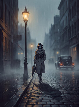 Noir Woman with an Umbrella on a Rainy Cobblestone Street