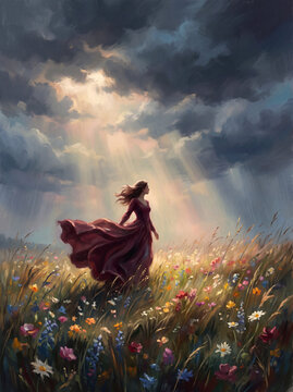 Woman in a Flowing Burgundy Dress Beneath Dramatic Clouds in a Wildflower Meadow