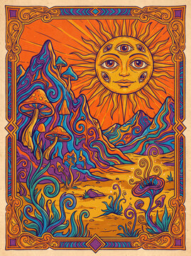 Psychedelic Sun Face Above Colorful Mountains and Mushrooms
