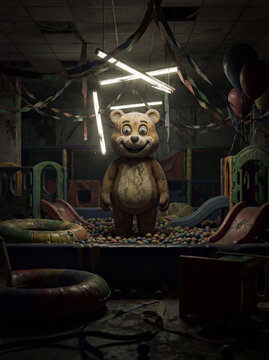Creepy Bear Mascot in an Abandoned Indoor Playground