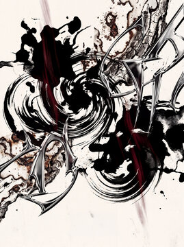 Abstract Black and Red Ink Swirls with Spiky Silver Chrome Shapes