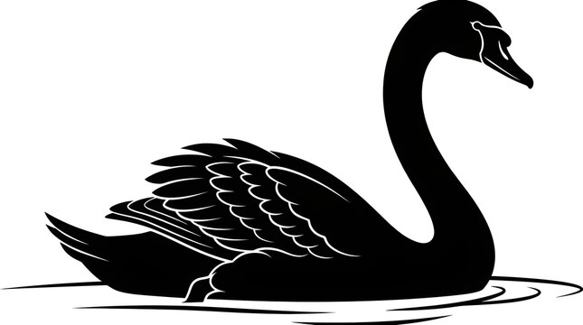 Black swan swimming gracefully on calm water surface is depicted in a detailed vector illustration showing elegant feathers and curved neck against a plain background for design projects.
