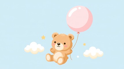 Fototapeta premium Adorable teddy bear floating with a pastel balloon in a dreamy nursery setting with clouds and stars nearby Generative AI
