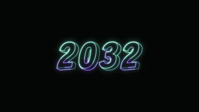  2032 New Year Text Neon Seamless Loop 4K Glowing Typography Animation for VFX and Video Editing