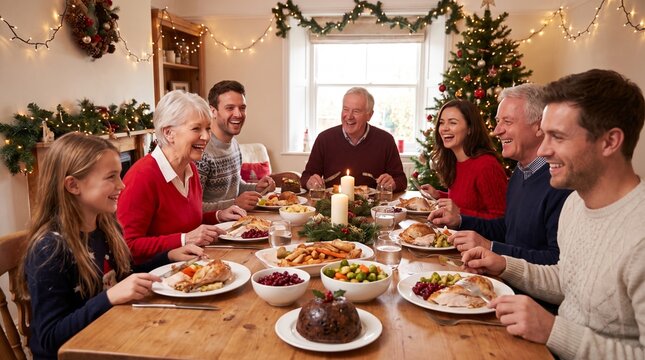 Family Christmas Dinner Gathering: A multi-generational family joyfully gathers around a festive table laden with traditional Christmas fare.