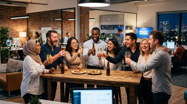 A Toast to Success: Diverse colleagues in a modern office setting raise their glasses in a lively celebration, sharing laughter and drinks after a successful day or project.