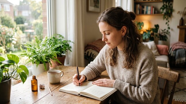 Creative Flow at Home: A woman deeply engrossed in journaling, sitting at a wooden desk by a sunlit window, surrounded by lush green plants, capturing a moment of quiet creativity and introspection.