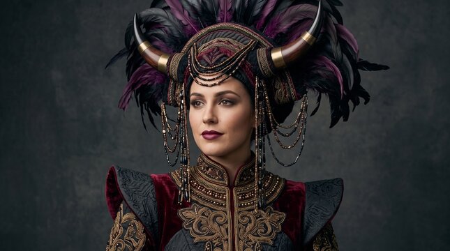 Mysterious Warrior Queen: A regal woman adorned in an ornate, dark headdress with horns and feathers, and intricate armor, gazes confidently into the distance, exuding power and authority.