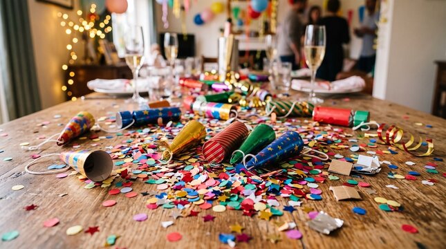 Post-Celebration Mess: A festive table strewn with confetti, party poppers, and streamers after a lively celebration, with blurred figures in the background.