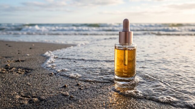 Golden Elixir by the Sea: A luxurious bottle of golden serum rests on a sandy beach, gently kissed by the ebb and flow of the ocean tide. Capturing tranquility and natural beauty.