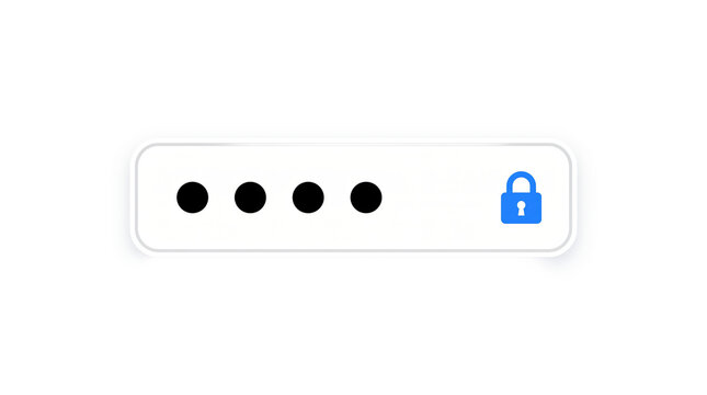 Minimalist password entry field with four dots and blue padlock icon for cybersecurity concept isolated on white background