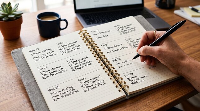 Planning the Day: A hand is shown writing in a planner, surrounded by essential work tools like a laptop and a cup of coffee, embodying productivity and organized planning