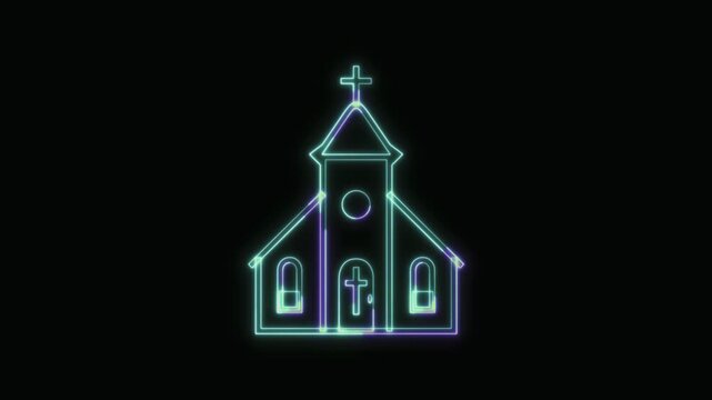  Church Icon Neon Seamless Loop 4K with Black Background Animated Promotional Typography for Video Editing