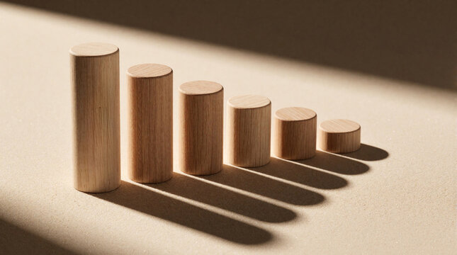 Six wooden cylinders stand in decreasing size row on beige surface. Minimalist geometric shapes create bar chart effect with long shadows. Natural wood material arrangement represents business