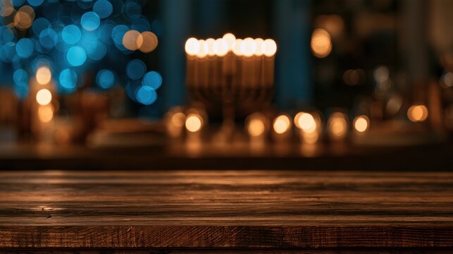 The focus is on an empty wooden table with a blurred background featuring a glowing Hanukkah menorah and blue and gold lights.