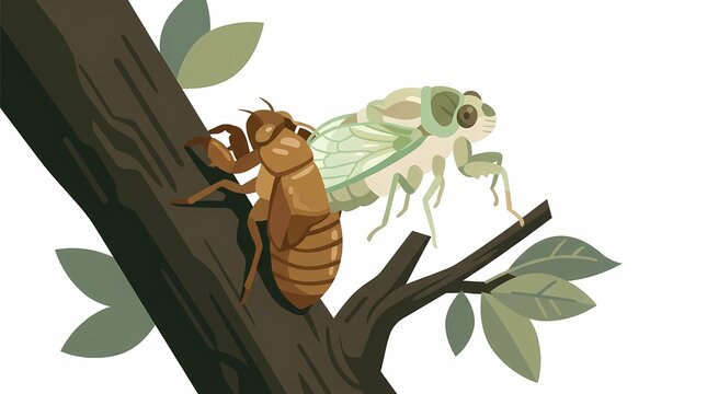 Illustration of a cicada emerging from its exoskeleton on a tree branch.