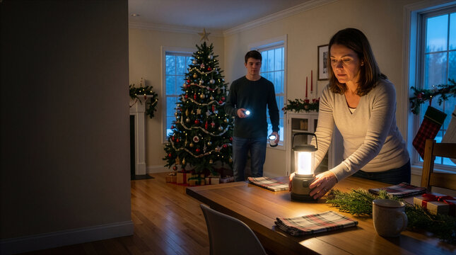 Family using lantern during Christmas power outage at home