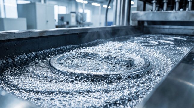 Close up of metal parts in zinc electroplating bath. Industrial machinery components undergo chemical coating process in liquid solution. Bubbles rise from submerged steel parts during anticorrosion