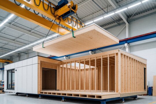 Large yellow crane lifts wooden roof panel onto modular house frame in modern factory. Construction workers build prefabricated eco home using timber structure, advanced tech. Industrial facility