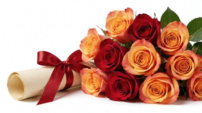 Rolled paper certificate with red ribbon bow next to large bouquet of red, orange roses. Beautiful floral arrangement with diploma scroll for graduation ceremony, wedding gift, achievement award