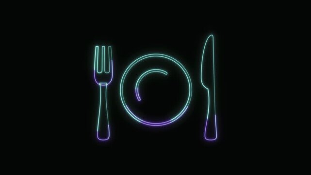  Fork and Knife with Plate Icon Neon Seamless Loop 4K with Black Background Animated Promotional Typography for Video Editing