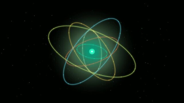 Quantum computing simulation with rotating atomic rings and central energy core for illustrating molecular structure and physics data in technology projects.   