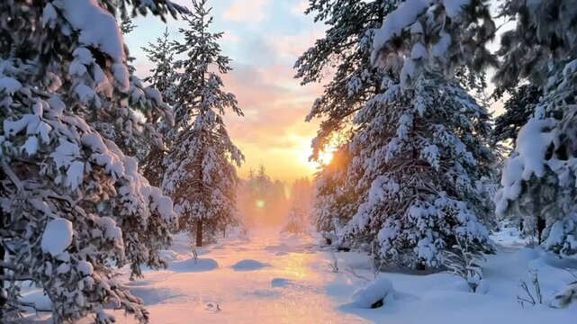 Golden sunset light shines through snow covered pine trees in winter