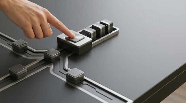 Human approval checkpoint in automated enterprise workflow with connected technology modules and copy space