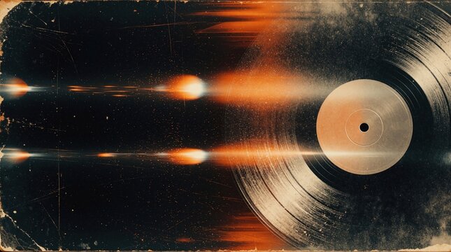 Vintage vinyl record spins on turntable with retro grunge film texture. Old scratched black disc features orange light leaks, dusty overlay. Analog music background shows damaged film grain,