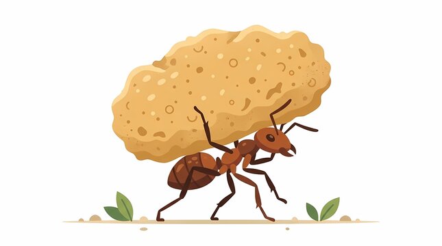 Illustration of a small ant carrying a large piece of food.