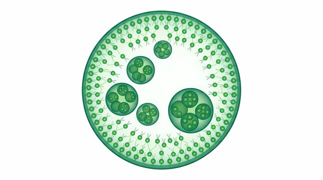 Microscopic view of Volvox algae colony with daughter colonies.