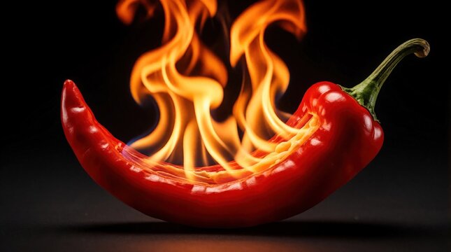 Red chili pepper burns with intense yellow, orange flames. Hot spicy vegetable on dark background. Fiery chili pepper icon for food heat concept. Burning pepper vegetable shows extreme spicy flavor,