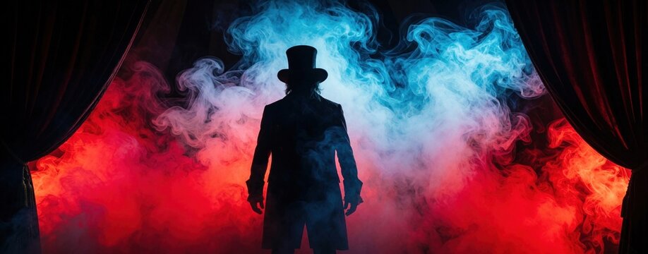 Silhouette of mysterious circus performer wearing top hat stands behind stage curtains. Eerie smoke, fog swirl around man in red, blue lights. Dark haunted sideshow atmosphere creates spooky moody