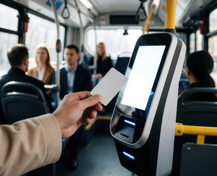 Person holds blank white transit card near electronic validator inside city bus. Passenger pays fare using contactless smart card system. Blurred commuters sit on seats during urban commute. Modern