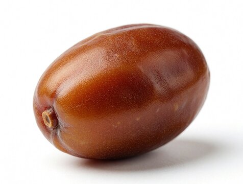 Single brown date fruit isolated on white background. Sweet oval dried fruit macro shot. Organic ripe snack for healthy diet. Natural mediterranean food ingredient for baking eating raw. High quality