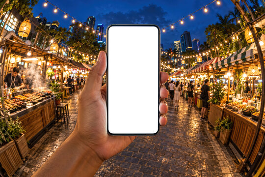 Blank White Smartphone Screen at a Colorful Night Food Fair with Fisheye Background