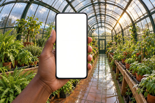 Blank White Smartphone Screen in a Lush Greenhouse After Rain with Fisheye Background