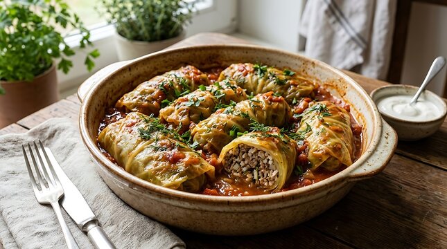 Delicious cabbage rolls stuffed with meat and rice in a ceramic baking dish on a wooden table
